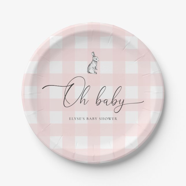 Pink Gingham Bunny Rabbit Baby Dusche Pappteller (Vorderseite)