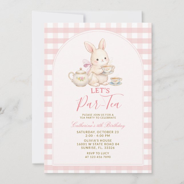 Pink Gingham Bunny Tea Party Birthday Invitation Einladung (Vorderseite)