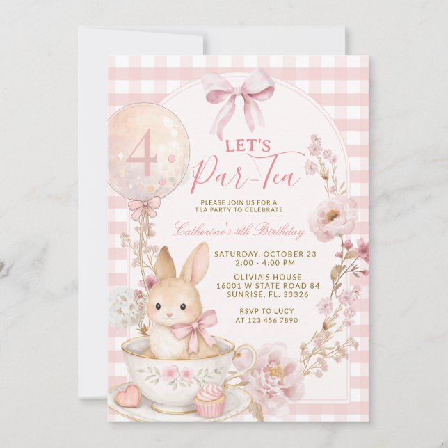 Pink Gingham Bunny Tea Party Girl Birthday  Einladung (Vorderseite)