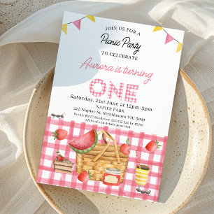 Pink Gingham Bunting Flags Picnic 1. Geburtstag Einladung