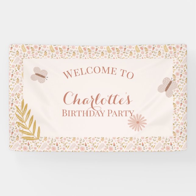 Pink Gingham Butterfly Wildblumen Banner (Horizontal)