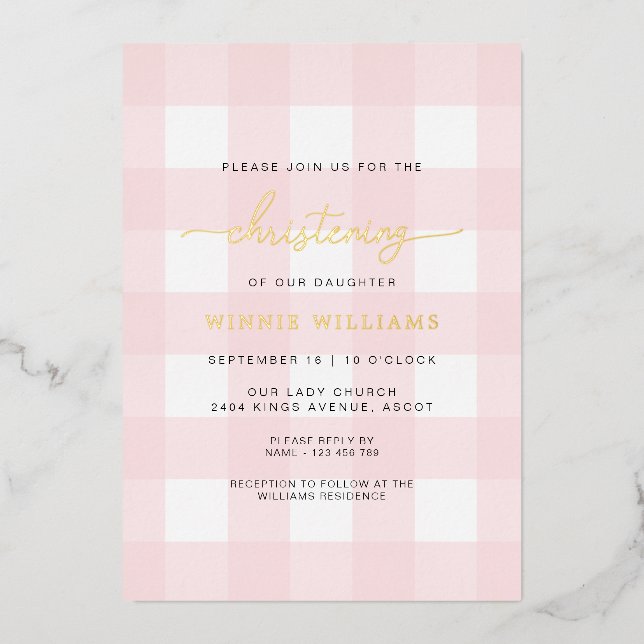 Pink Gingham Christening Foil Einladung (Vorderseite)
