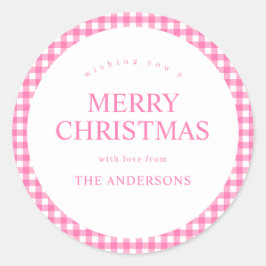 Pink Gingham Christmas Runder Aufkleber