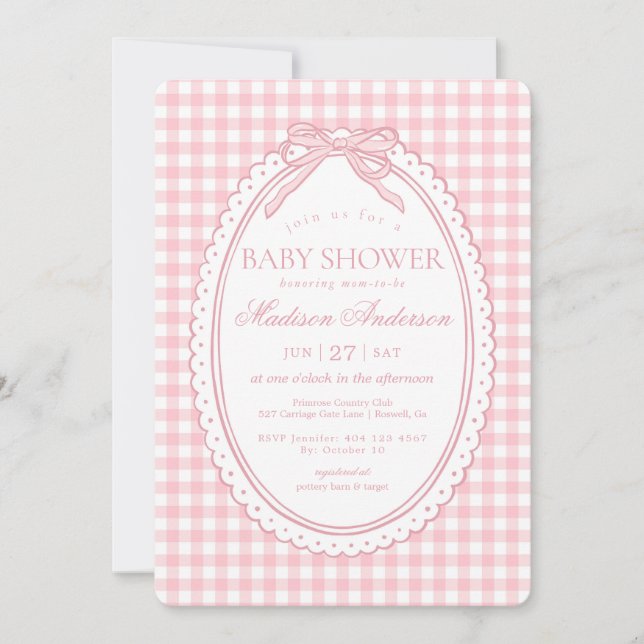 Pink Gingham Coquette Bow Baby Shower Einladung (Vorderseite)