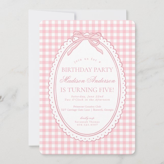 Pink Gingham Coquette Bow Birthday Party Einladung (Vorderseite)