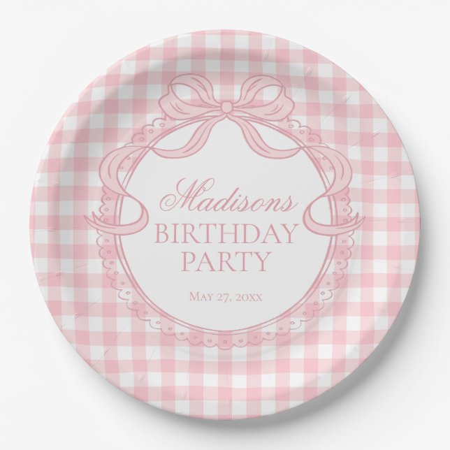 Pink Gingham Coquette Bow Birthday Party Pappteller (Vorderseite)