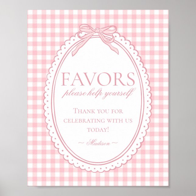 Pink Gingham Coquette Bow Favors Sign Poster (Vorne)