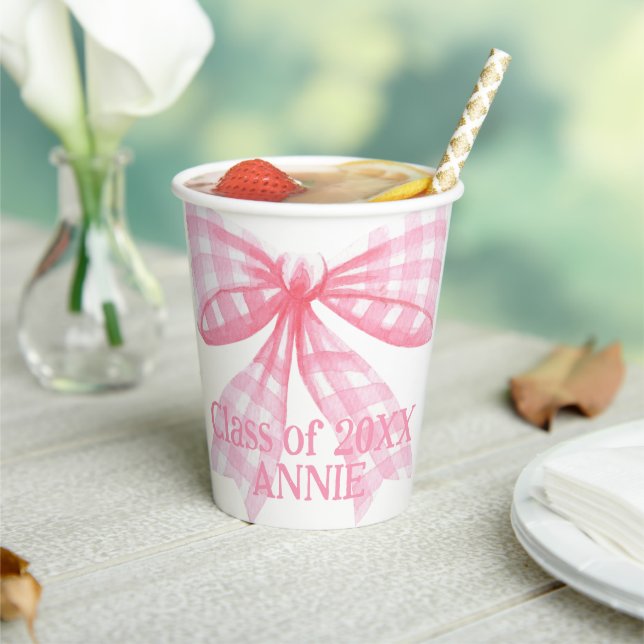 Pink Gingham Coquette Bow Pappbecher (In Situ)