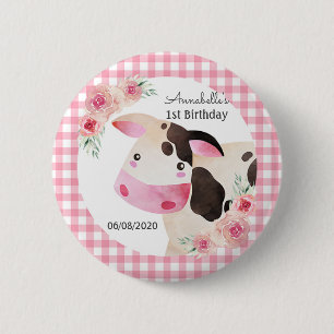 Pink Gingham Cow Birthday Gevor Button