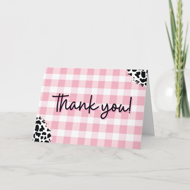 Pink Gingham Cow Print Thank You Card for Birthday Dankeskarte (Vorderseite)