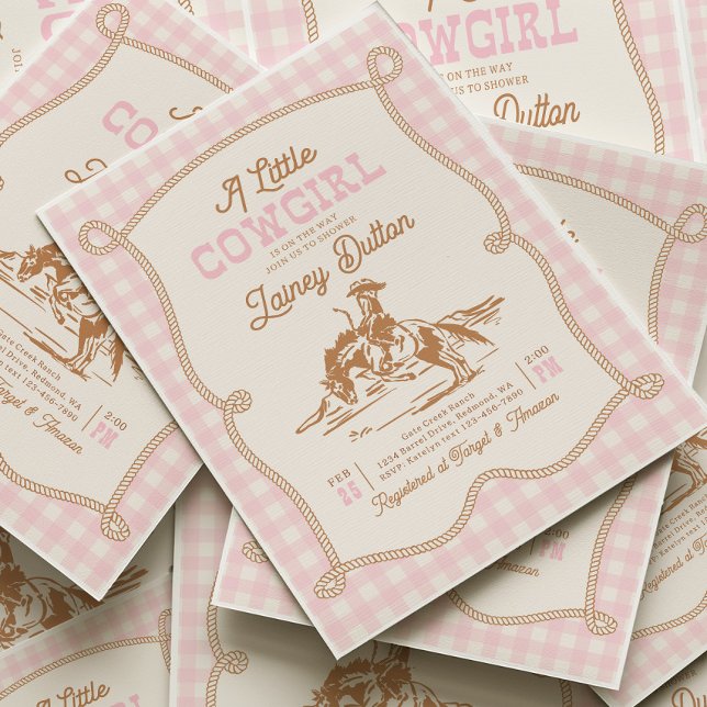 Pink Gingham Cowgirl Baby Shower Invitation Einladung (Von Creator hochgeladen)