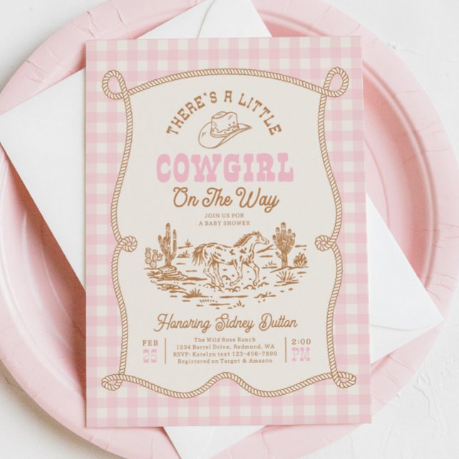 Pink Gingham Cowgirl Baby Shower Invitation Einladung (Von Creator hochgeladen)