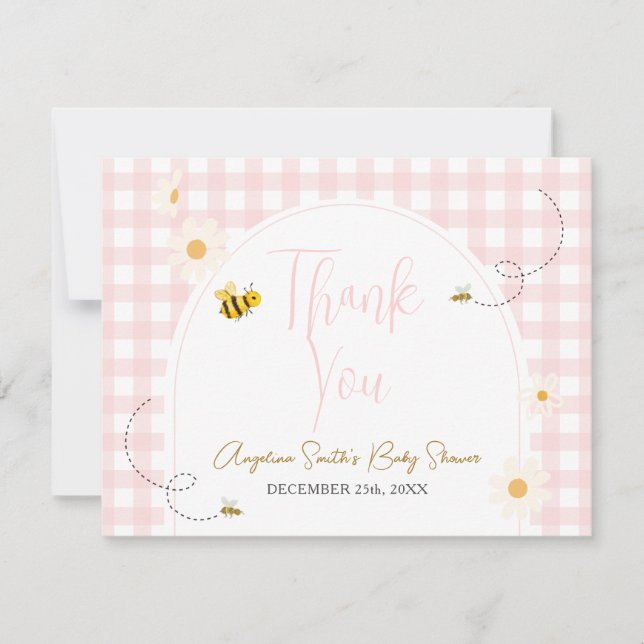 Pink Gingham Daisies Bee Baby Shower Thank You Dankeskarte (Vorderseite)