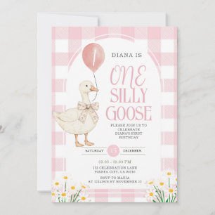 PINK Gingham Daisy One Albern Goose Birthday Einladung
