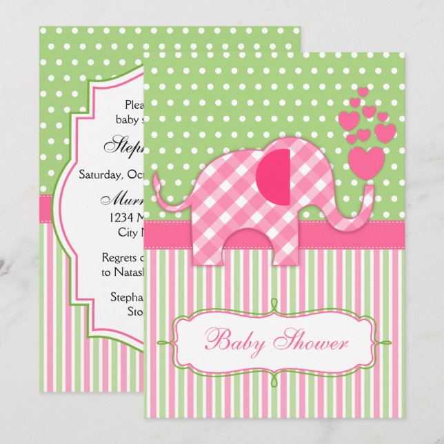 Pink Gingham Elephant Baby Dusche Einladung (Vorne/Hinten)