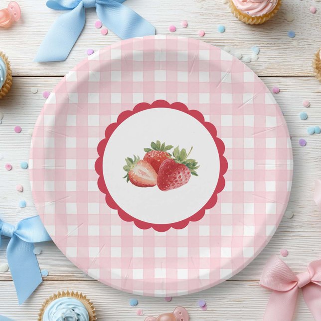 Pink Gingham-Erdbeerthema  Pappteller (Pink Gingham with strawberry Paper plate for any party.)