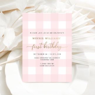 Pink Gingham Erstgeburt Gold Einladung