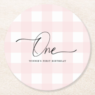 Pink Gingham First Birthday Drink Untersetzer