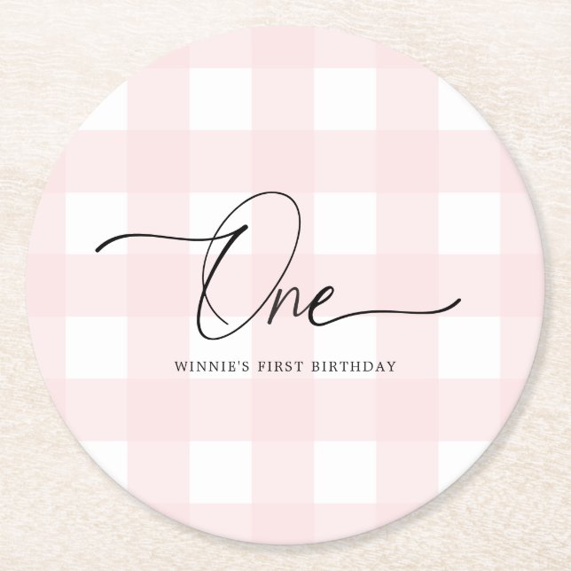 Pink Gingham First Birthday Drink Untersetzer (Vorderseite)