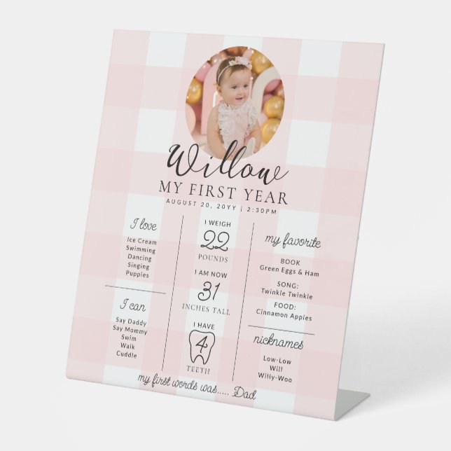 Pink Gingham First Birthday Milestone Timeline Sockelschild (Vorderseite)