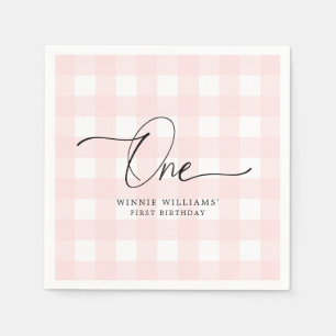 Pink Gingham First Birthday Paper Napkin Serviette