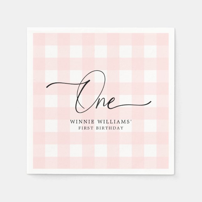 Pink Gingham First Birthday Paper Napkin Serviette (Vorderseite)