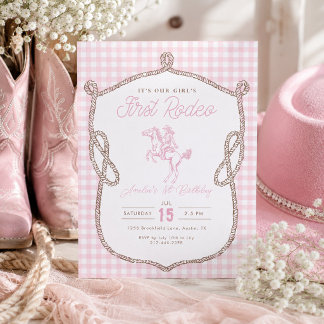 Pink Gingham First Rodeo 1. Geburtstag Cowboy Einladung