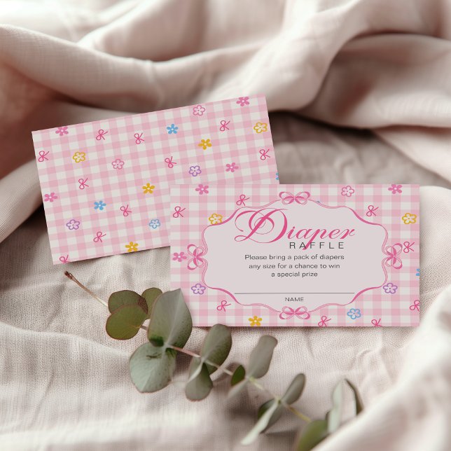 Pink Gingham Floral Bow Diaper Raffle Insert Card (Von Creator hochgeladen)