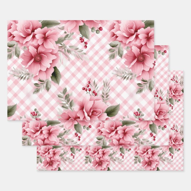 Pink Gingham Floral Christmas Berries Geschenkpapier Set (Set)