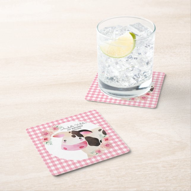 Pink Gingham Floral Cow Farm Rechteckiger Pappuntersetzer (Vor Ort)