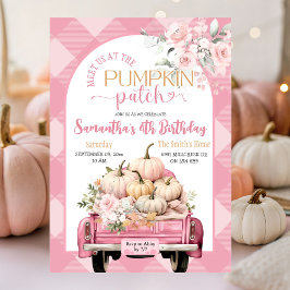 Pink Gingham Floral Fall Pumpkin Patch Geburtstag Einladung
