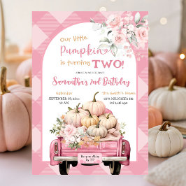 Pink Gingham Floral Fall Pumpkin Thema Geburtstag Einladung