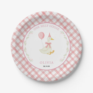 Pink Gingham Floral One Silly Goose 1st Birthday Pappteller