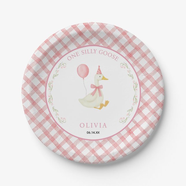 Pink Gingham Floral One Silly Goose 1st Birthday Pappteller (Vorderseite)