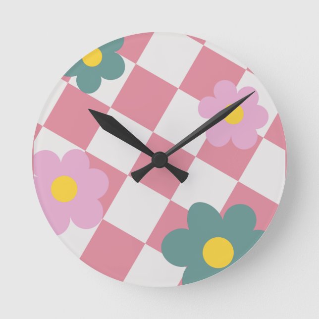 Pink Gingham Floral Pattern – Retro Cute Flower  Runde Wanduhr (Vorderseite)