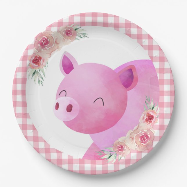 Pink Gingham Floral Pig Farm Animal Barnyard Pappteller (Vorderseite)