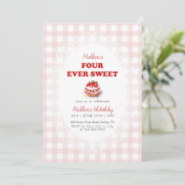 Pink Gingham Four ever Sweet Strawberry Birthday Einladung