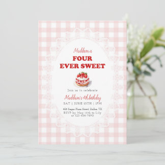 Pink Gingham Four ever Sweet Strawberry Birthday Einladung