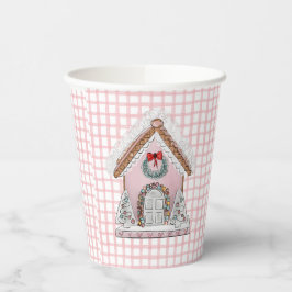 Pink Gingham Gingerbread House Pappbecher