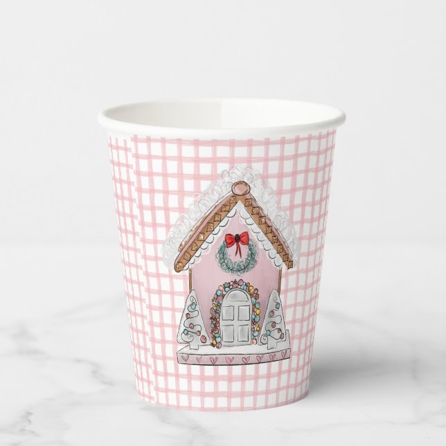 Pink Gingham Gingerbread House Pappbecher (Links)