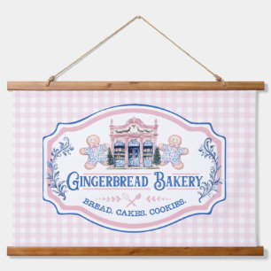 Pink Gingham Gingerbrot Bäckerei Wandteppich Mit Holzrahmen