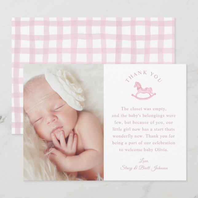 Pink Gingham Girl Baby Shower Foto Danke Karte (Vorne/Hinten)