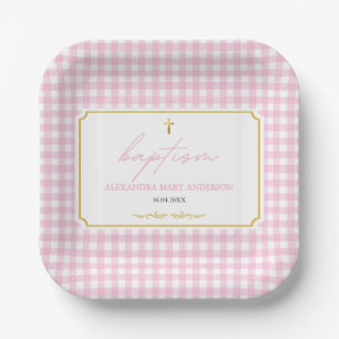 Pink Gingham Girl Taufe Modernes Minimalistisches Pappteller