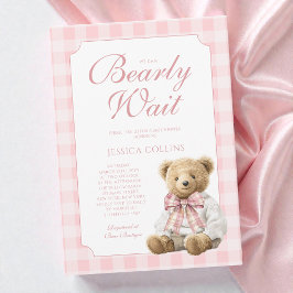 Pink Gingham Girl We Can Bearly Wait Baby Shower Einladung