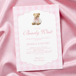 Pink Gingham Girl We Can Bearly Wait Baby Shower Einladung