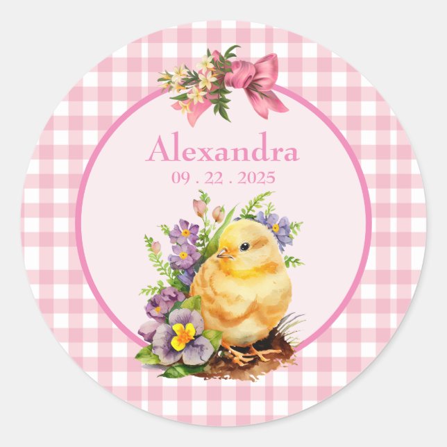 Pink Gingham Girls Birthday Runder Aufkleber (Vorderseite)