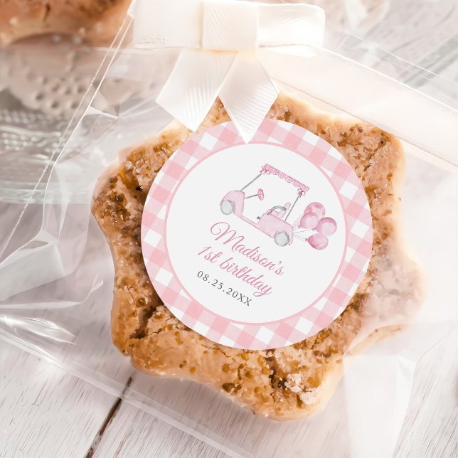 Pink Gingham Golf Girl 1. Geburtstag Runder Aufkleber (Von Creator hochgeladen)