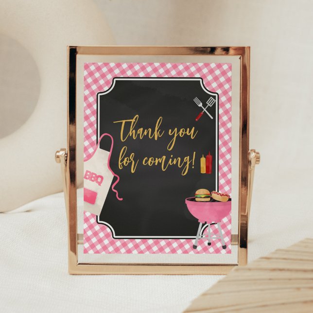 Pink Gingham GRILLEN Baby Shower Vielen Dank für I Poster (Girl Baby-Q Baby Shower thank you for Coming Sign)
