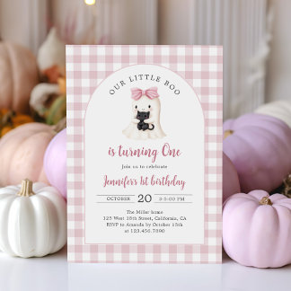 Pink Gingham Halloween Ghost Girl 1. Geburtstag Einladung
