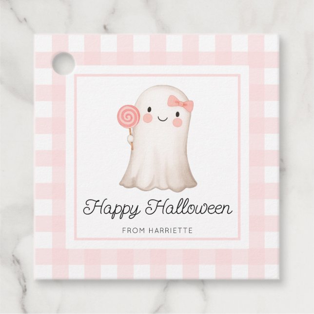 Pink Gingham Happy Halloween Niedlich Ghost Gefäll Geschenkanhänger (Vorderseite)